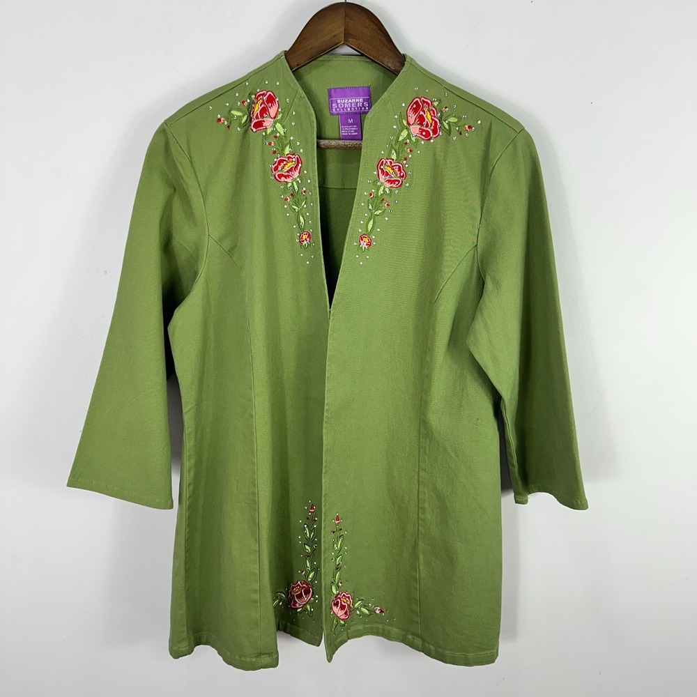 Suzanne Somers Jacket Women Medium Green Floral Embroidered Rhinestone Whimsical